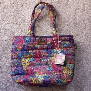 Laurel Burch Multicolor Cat Print Tote - Pink, Blue, Yellow, Purple